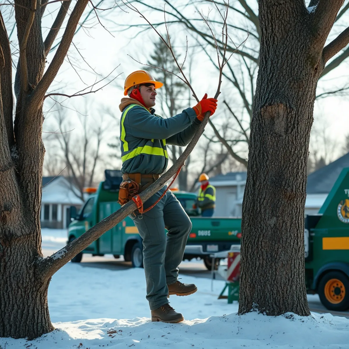Arborist pruning a bare sugar maple in late winter in Mid-Michigan