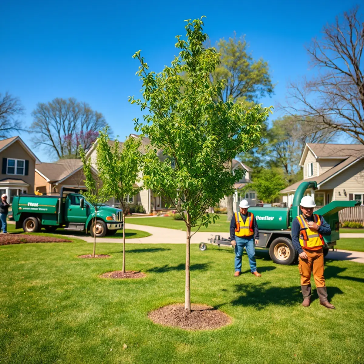 Young native sugar maple newly planted in a Mid-Michigan yard with mulch ring