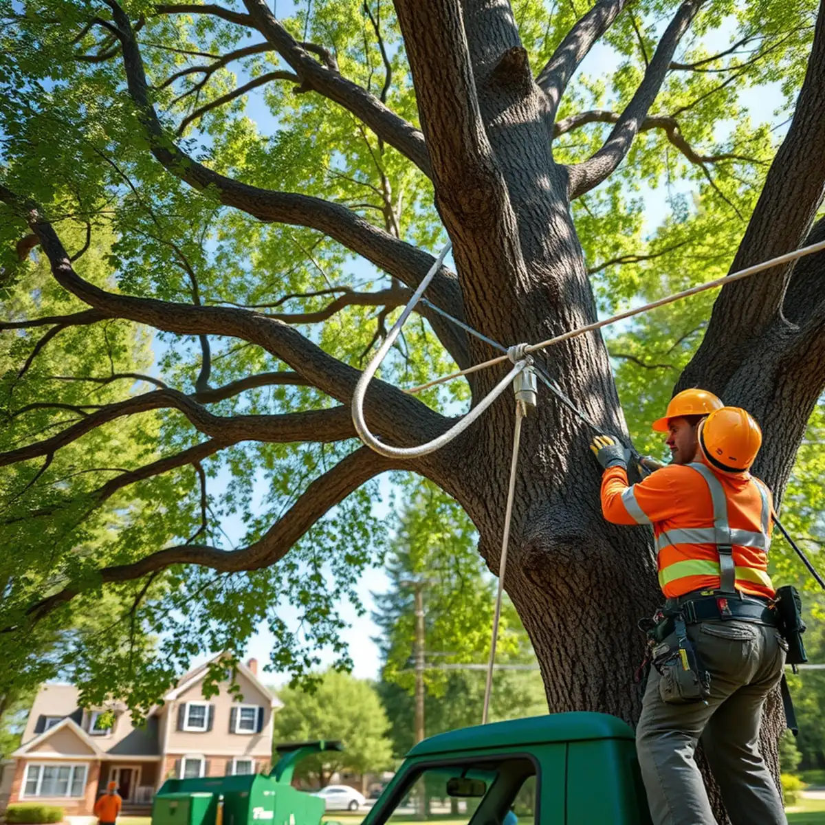 Support cable installed high in a large shade tree to brace a weak fork
