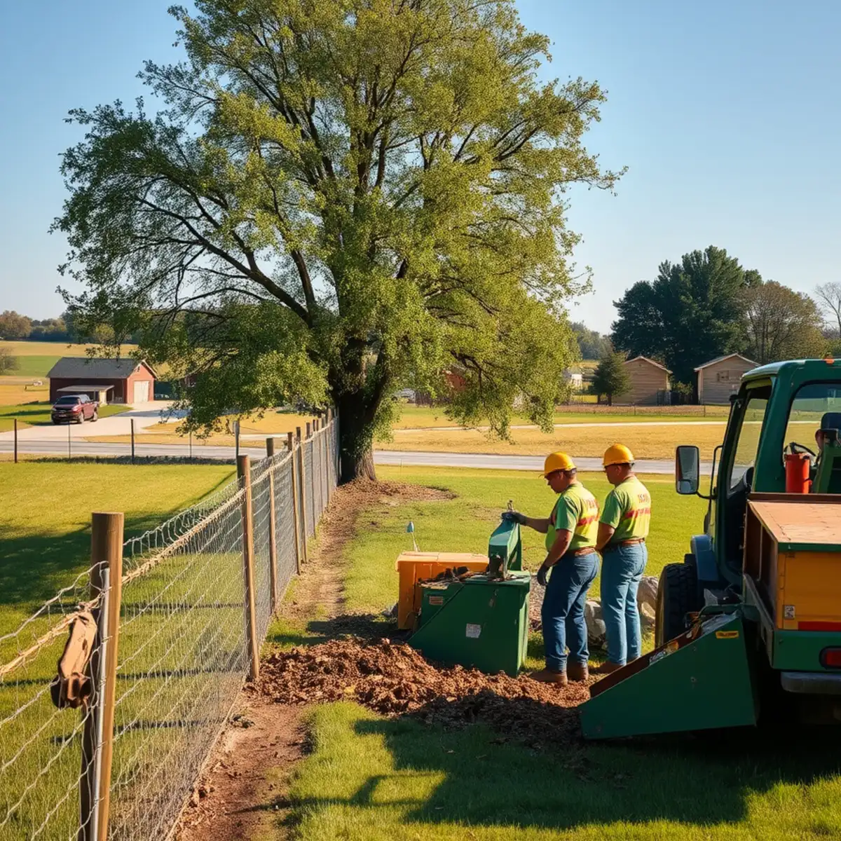 Crew clearing a fencerow tree in the dairy farmland near Elsie, Michigan