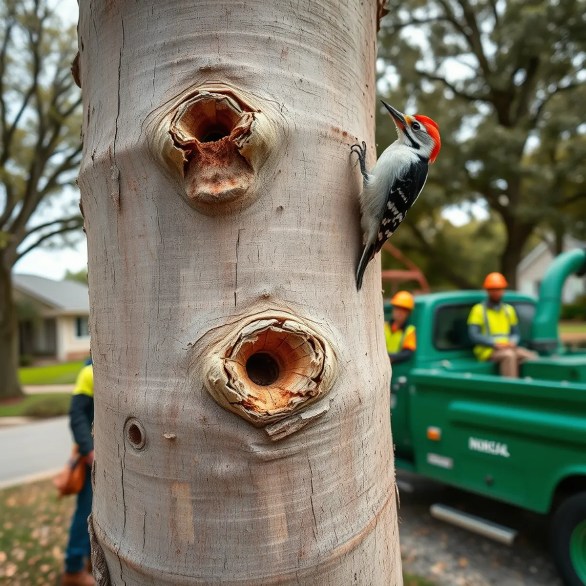D-shaped emerald ash borer exit holes and woodpecker flecking on a Michigan ash tree trunk