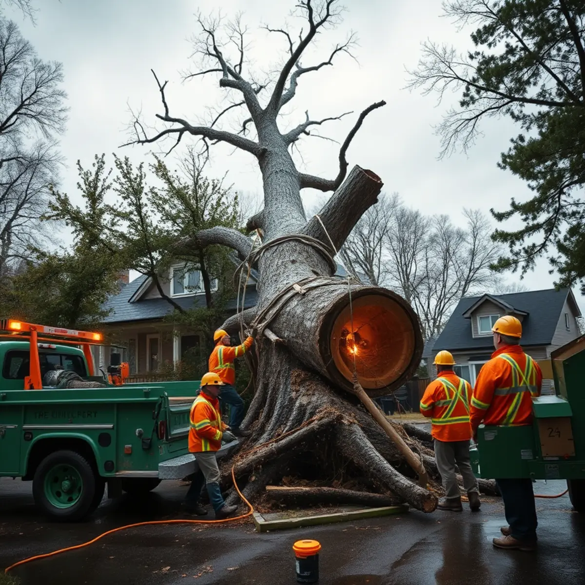 Emergency crew removing a fallen tree from a house after a Michigan storm
