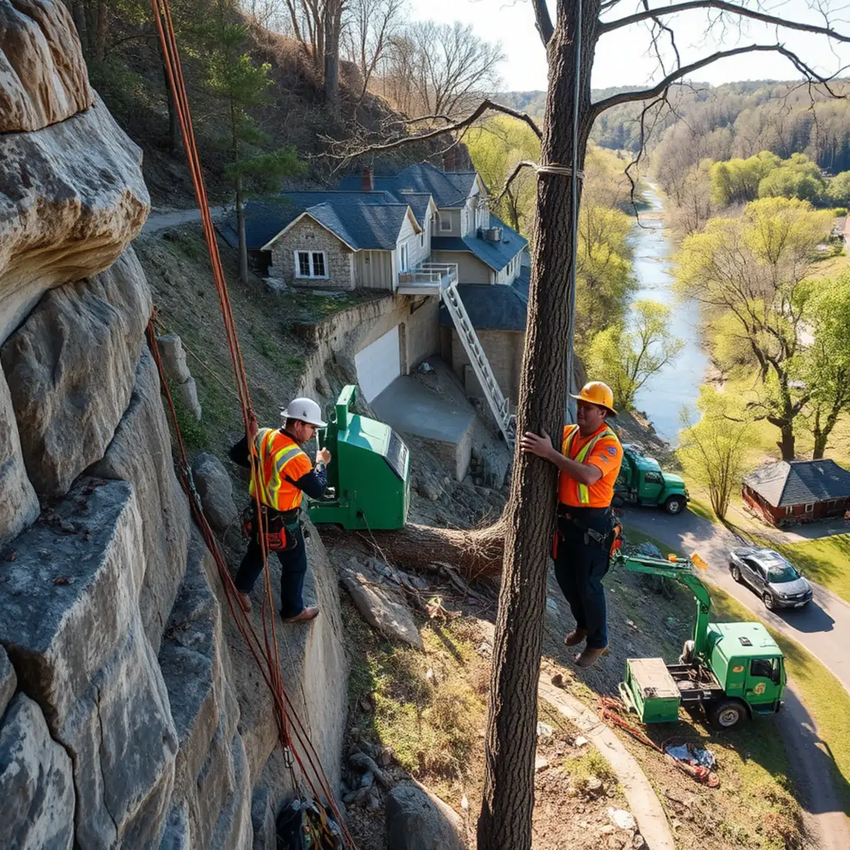 Arborist rigging a tree down a steep bank above the Grand River near the Ledges in Grand Ledge, Michigan