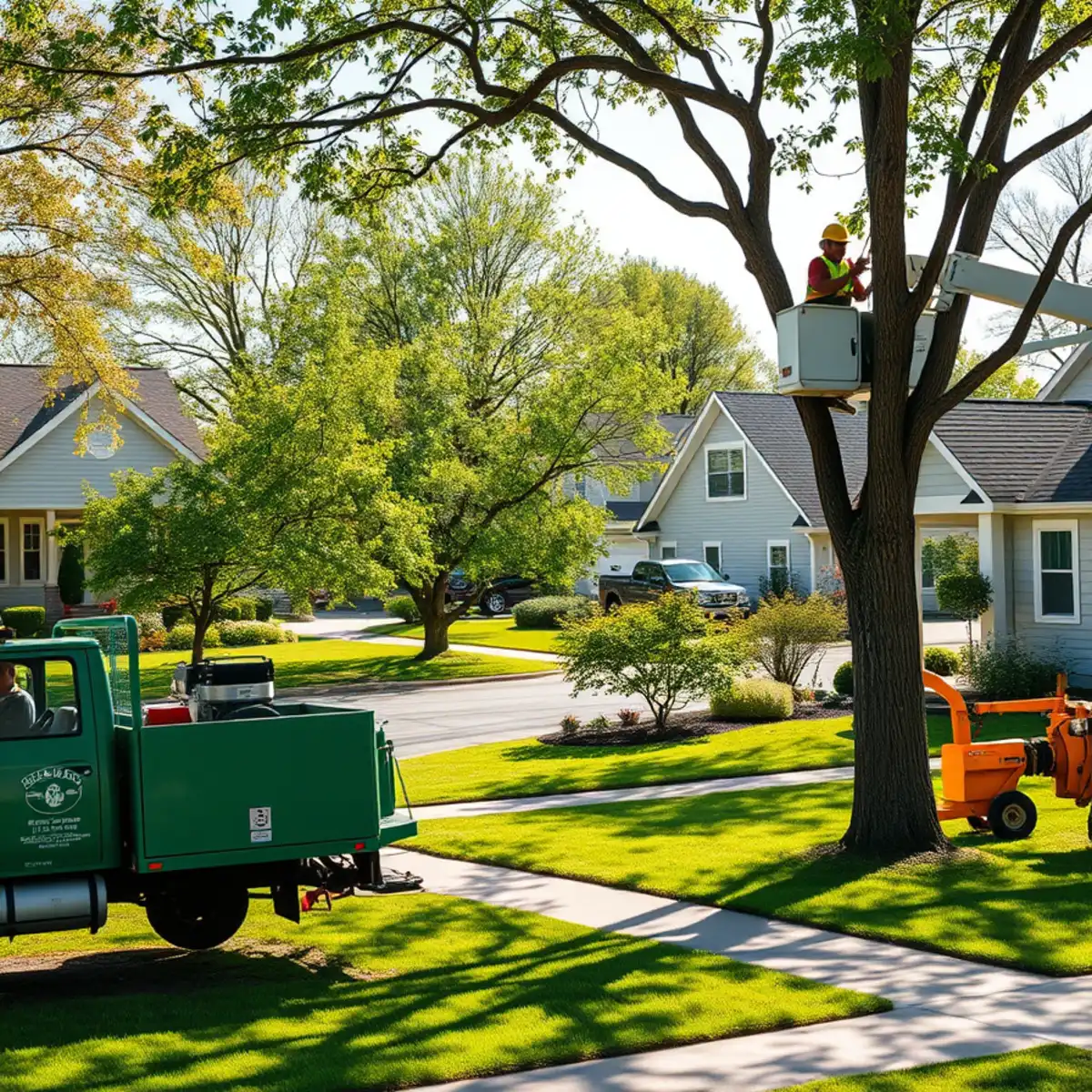 Crew grinding a stump in a family subdivision backyard in Holt, Michigan