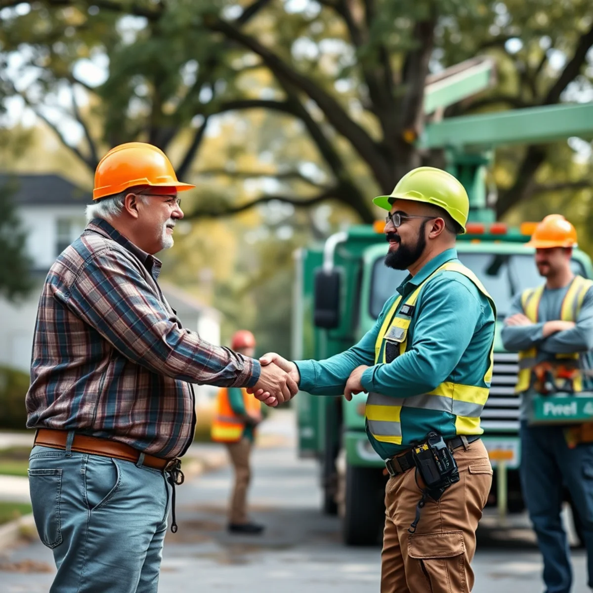 Homeowner talking with a licensed arborist about a tree job in Mid-Michigan