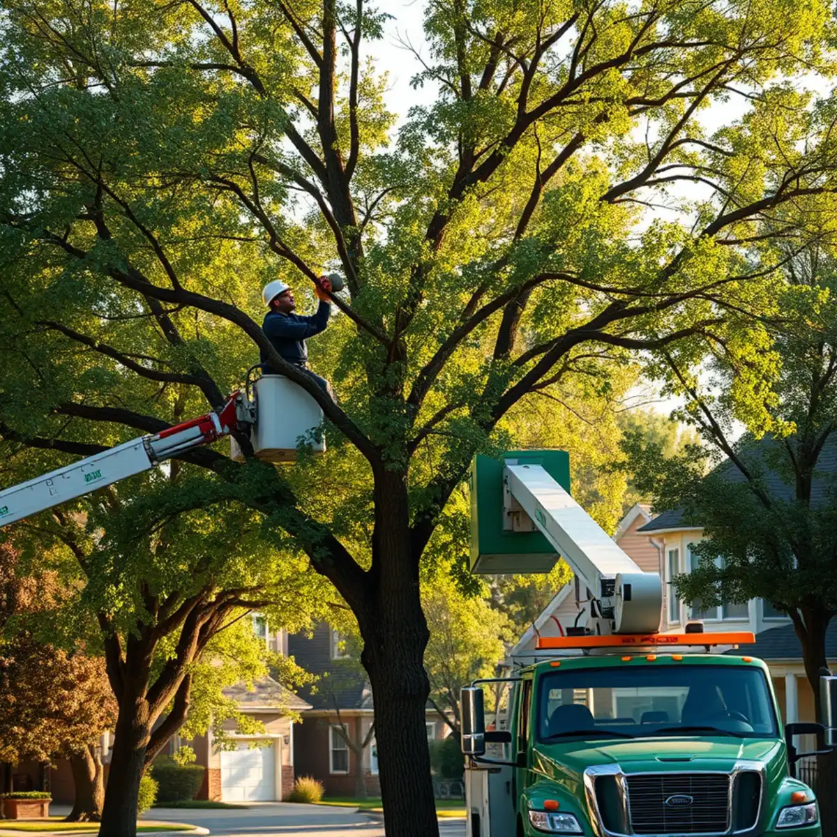 Bucket truck pruning a large silver maple on a tree-lined street in Lansing, Michigan