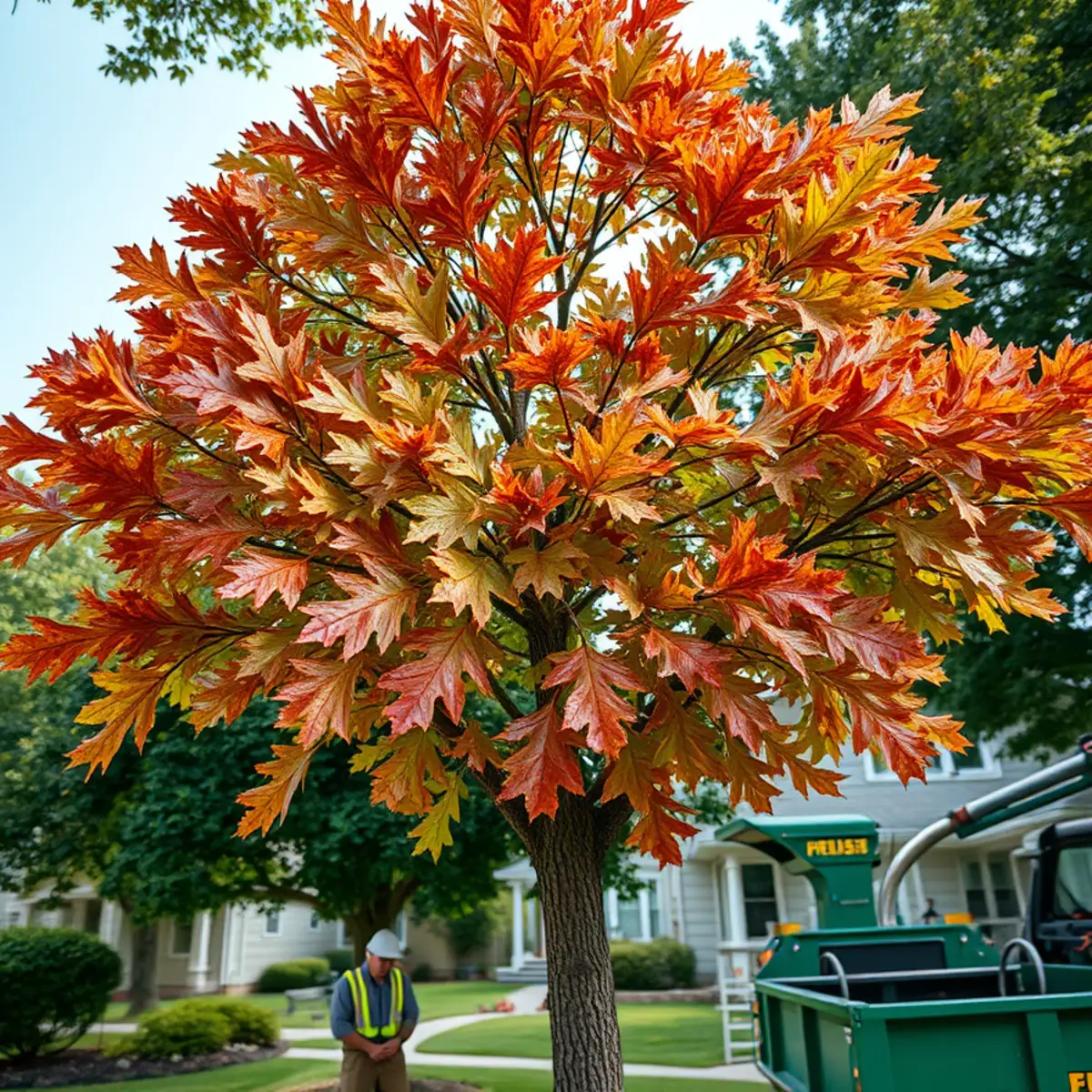 Red oak leaves wilting and browning from oak wilt on a Mid-Michigan property