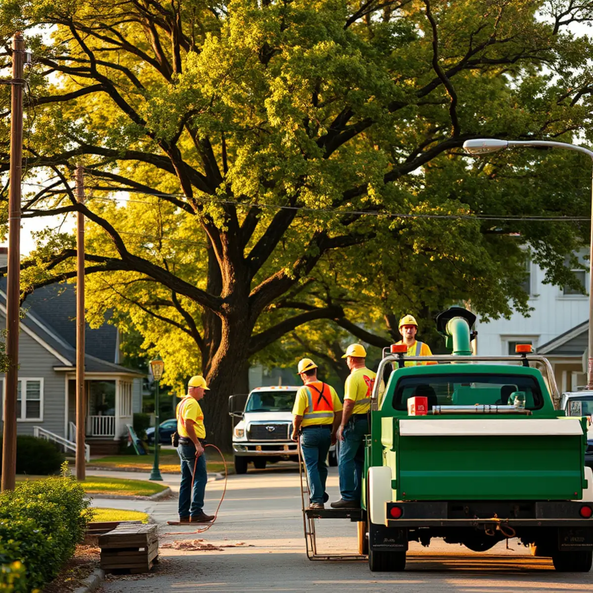 Hayworth Tree Service cabling a large historic oak in a shaded Owosso, Michigan neighborhood