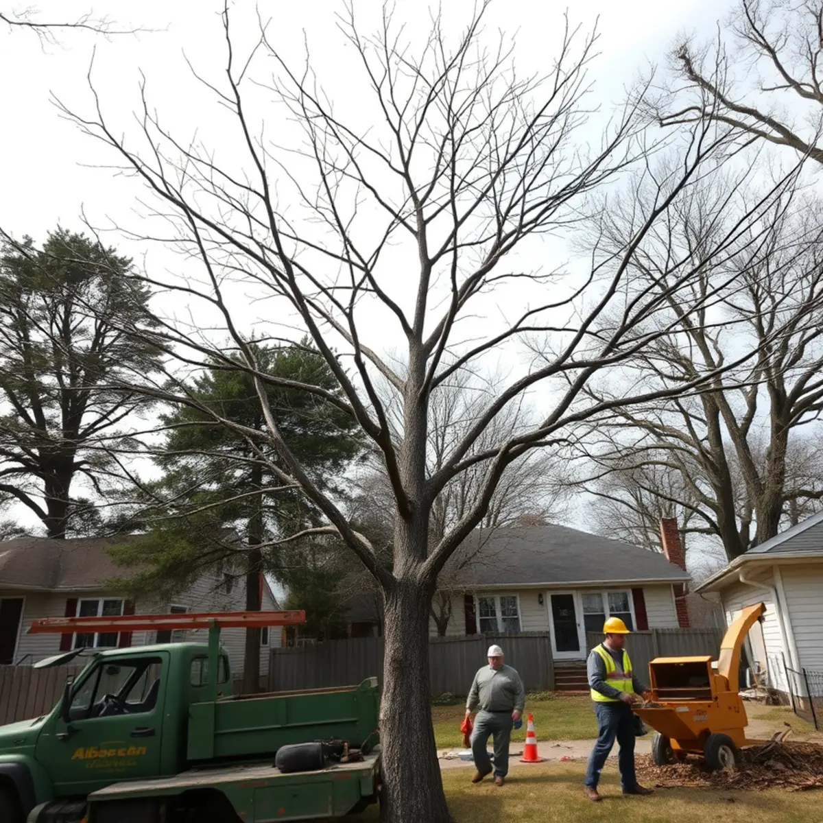 A dead tree with a bare, leafless canopy in a Mid-Michigan yard, clearly past saving