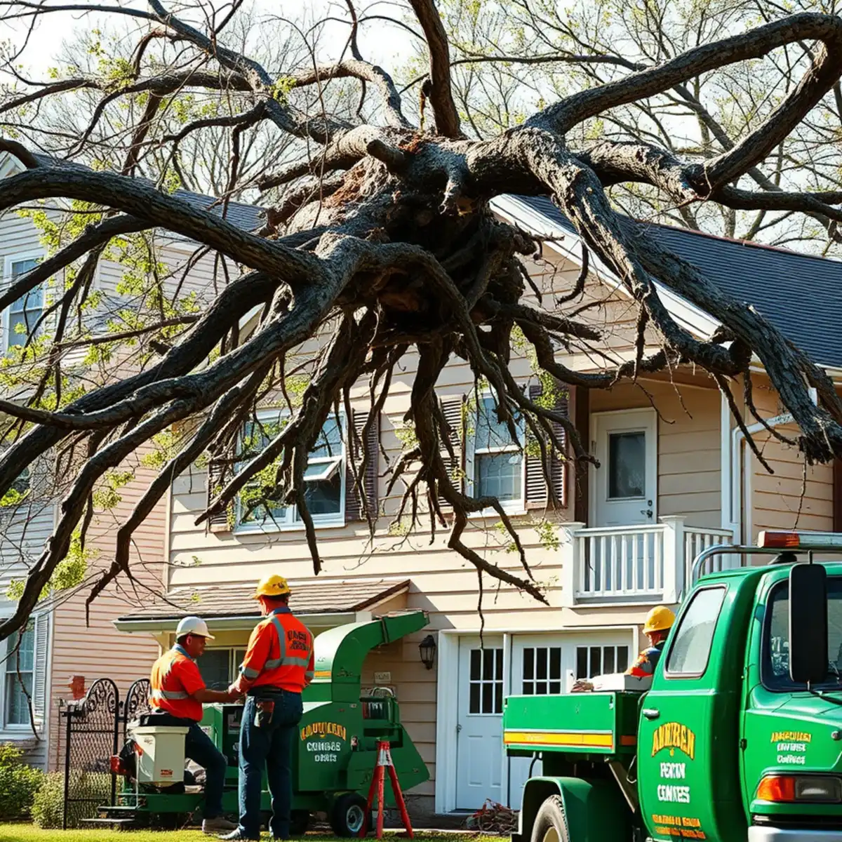 Large dead limbs hanging over a house roof, a hazard that needs removal