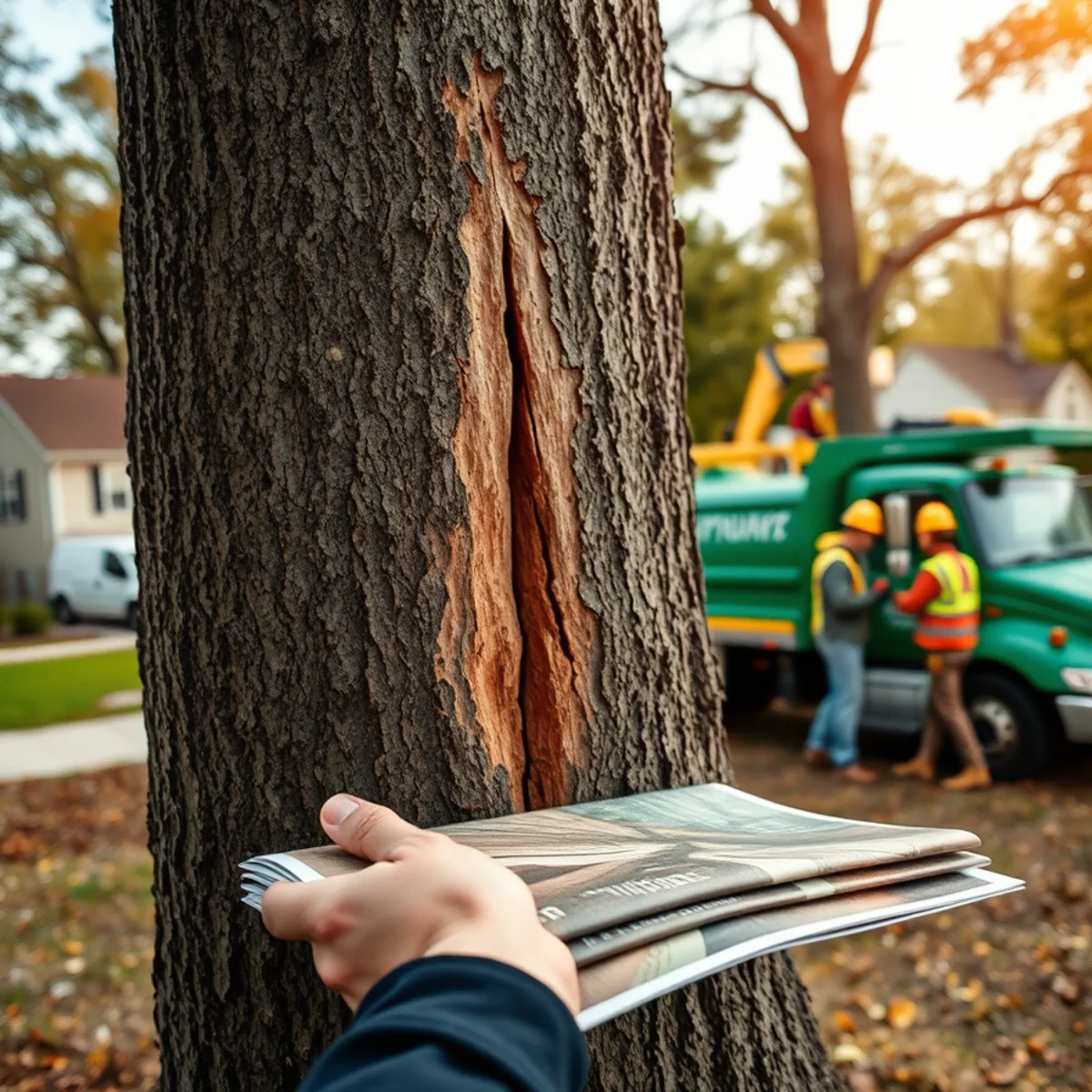 A deep vertical crack and weak V-shaped fork in a large tree trunk