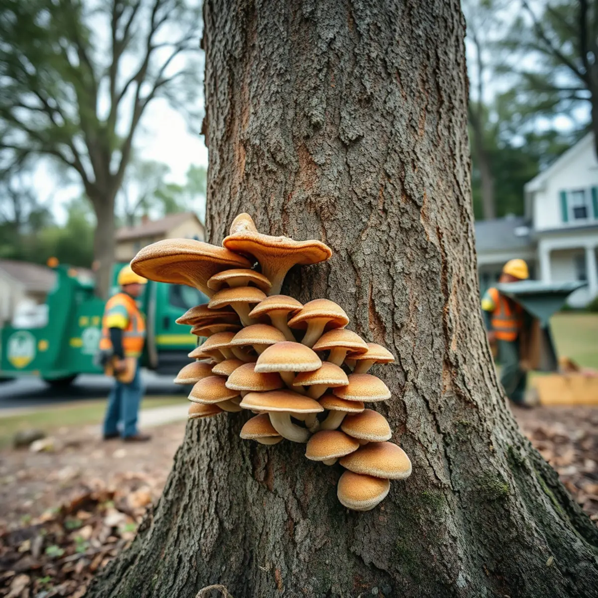 Shelf fungus and mushrooms growing at the base of a decaying tree trunk