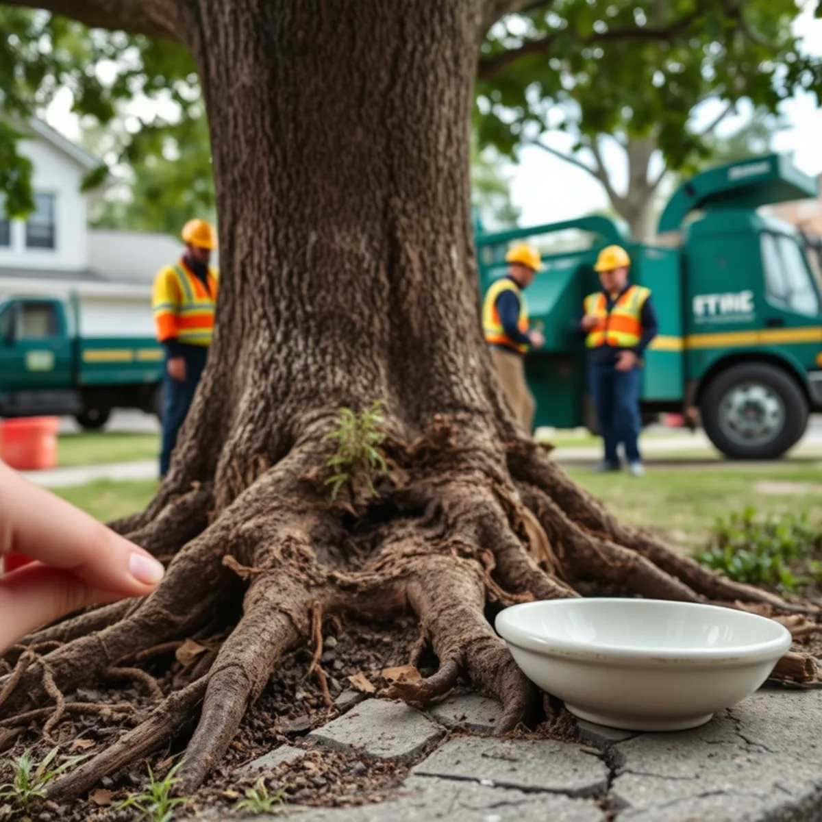 Damaged, heaving surface roots and cracked soil around the base of a yard tree