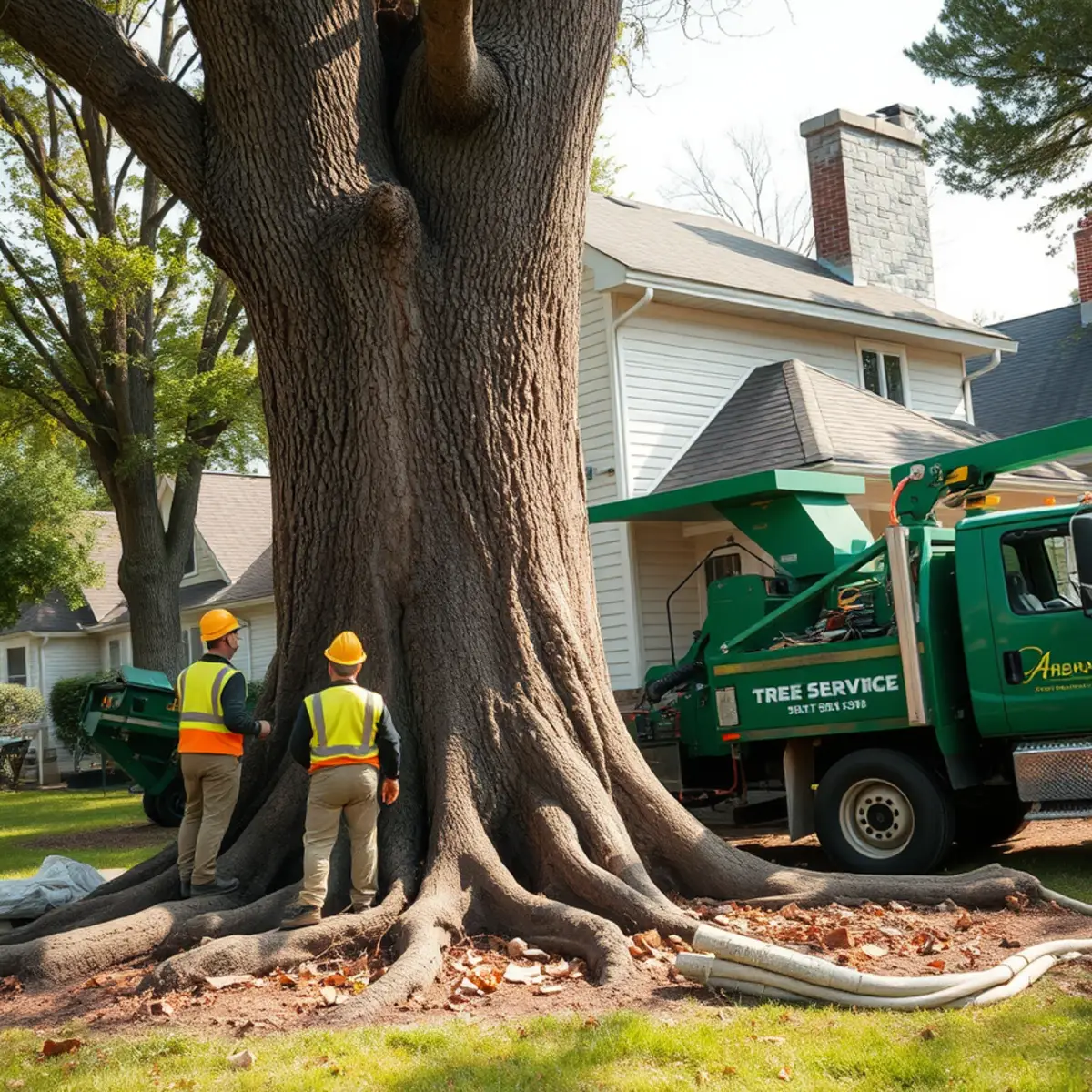 A large tree growing too close to a house foundation and siding