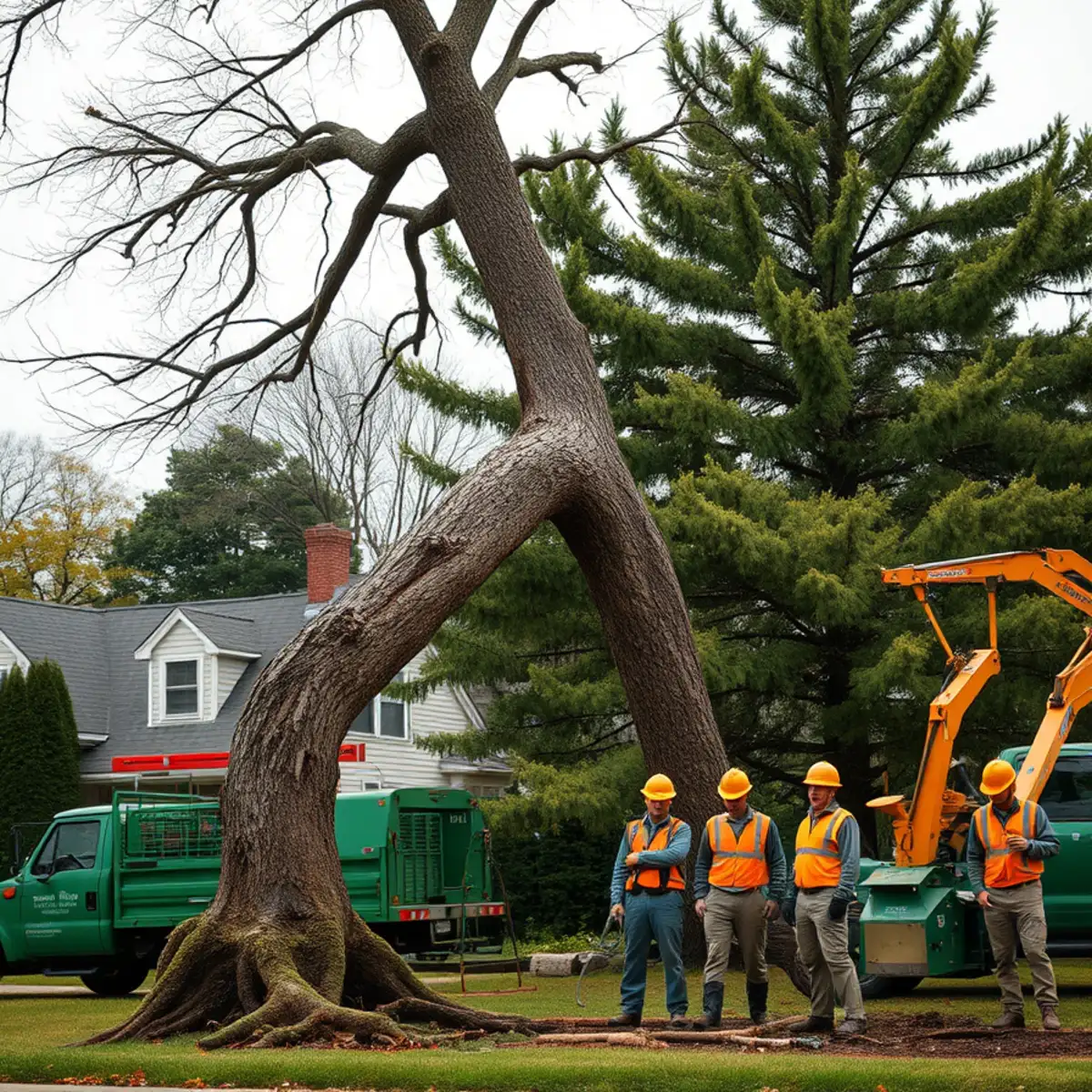Dead, leaning tree with a cracked trunk in a Mid-Michigan backyard marked for removal