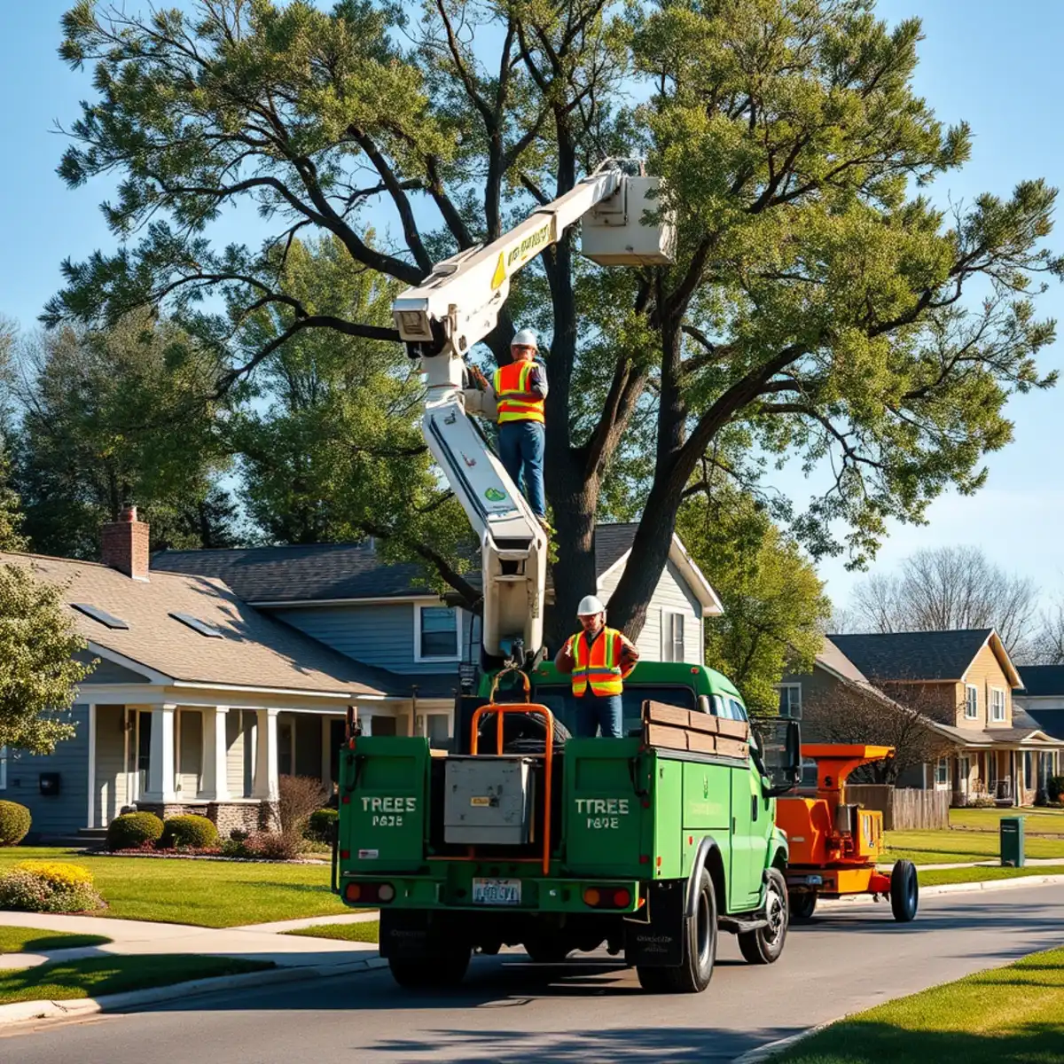 Arborist pruning a mature street maple along Clinton Avenue in St. Johns, Michigan