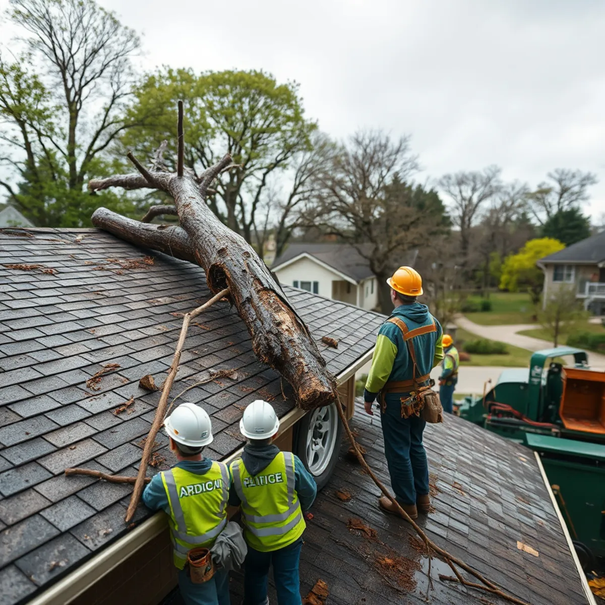 Large storm-damaged tree limb resting on a roof in Mid-Michigan after high winds