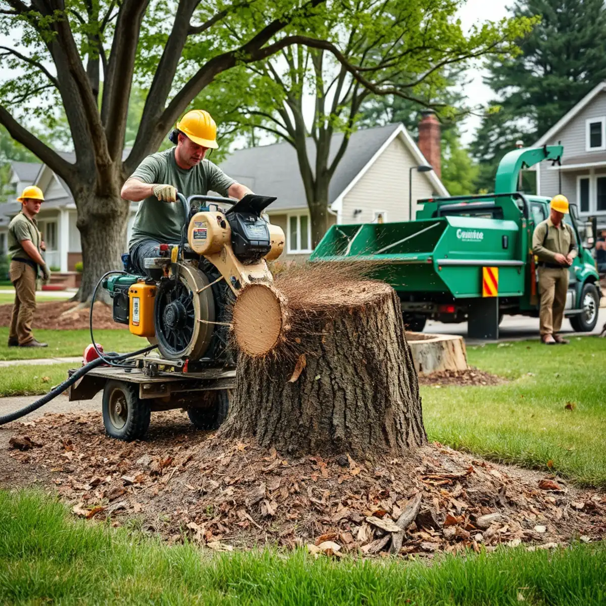Stump grinder removing a tree stump below grade in a Mid-Michigan yard