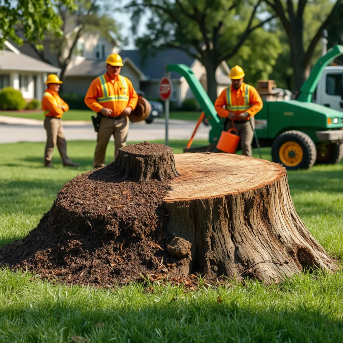 Stump grinder removing a maple stump in a Mid-Michigan front yard
