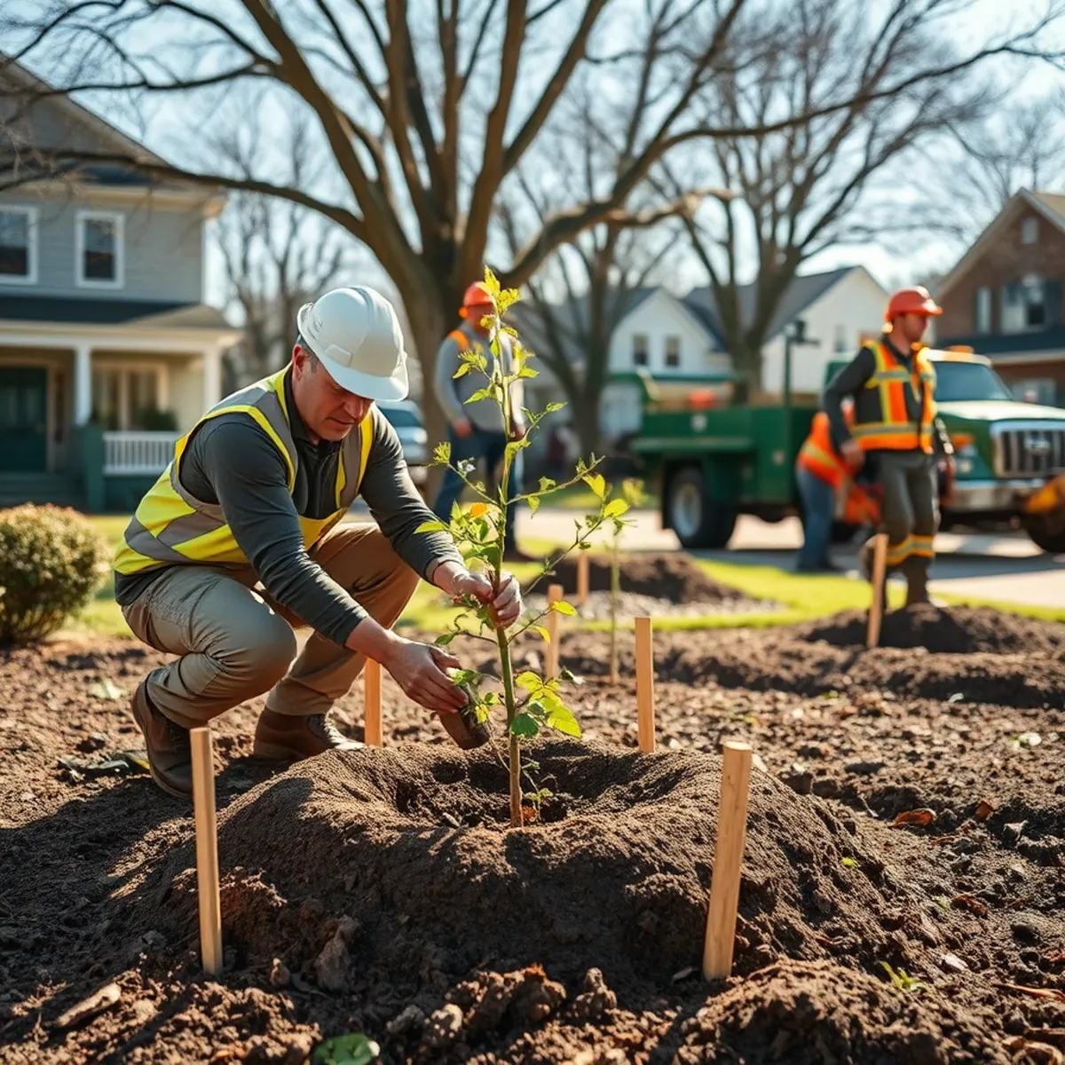 Newly planted young shade tree staked in a Mid-Michigan front yard