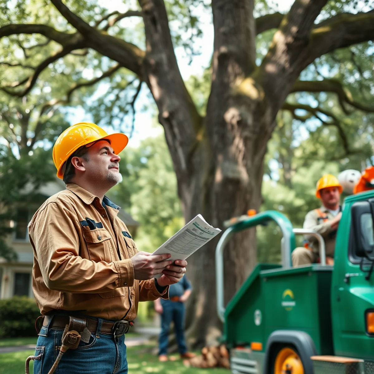 Arborist assessing a large maple for removal cost in a Mid-Michigan backyard