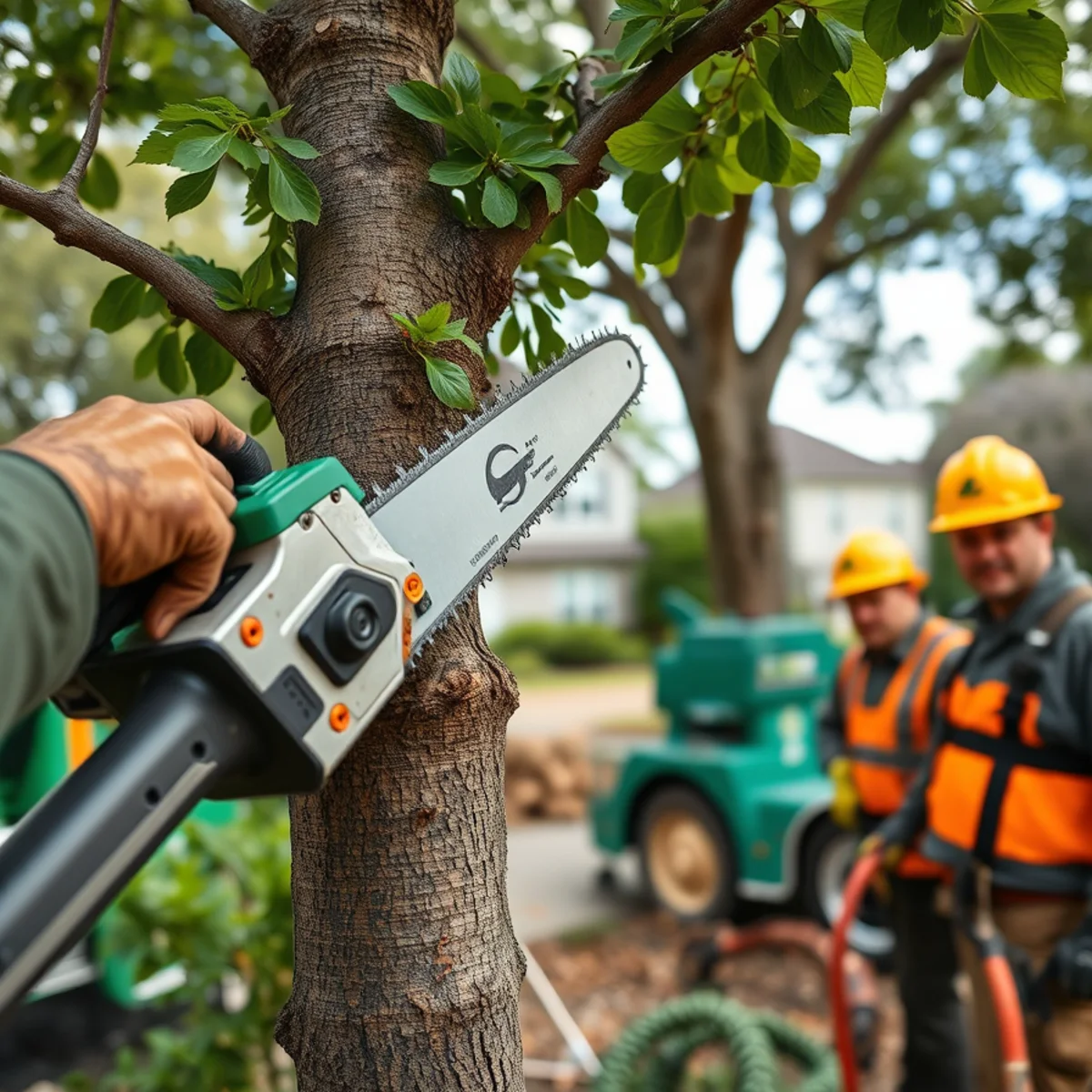 Arborist making a proper pruning cut on a maple branch in Mid-Michigan