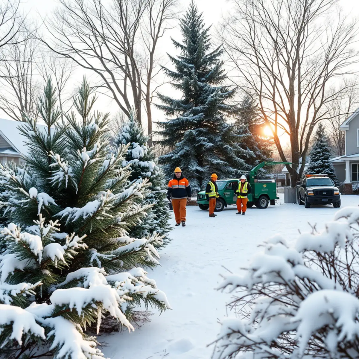 Ice-coated tree branches and snow-laden evergreens in a Mid-Michigan winter yard